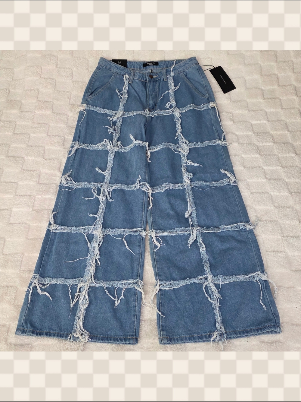 Dolls Kill Patchwork Exposed Stitching Denim Wide Leg Jeans Light Wash SizeM NWT